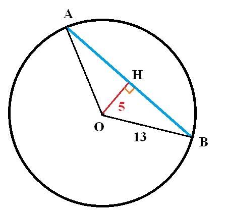 Вокружности, радиус которой равен 13 см, на расстоянии 5 см от центра проведено хорду. найдите длину