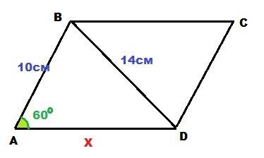 Одна із сторін паралелограма дорівнює 10см,менша діагональ 14см,гострий кут 60градусів.знайдіть пери