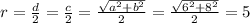 r=\frac{d}{2}=\frac{c}{2}=\frac{\sqrt{a^2+b^2}}{2}=\frac{\sqrt{6^2+8^2}}{2}=5