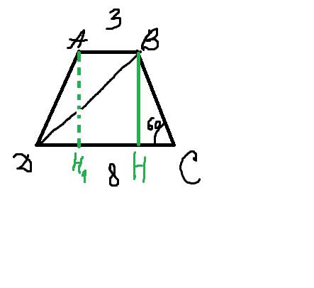 Основания равнобедренной трапеции равны 3м и 8м, а угол при основании равен 60 градусам. найти диаго