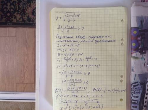 Найдите область определения функции y=корень из (2x-x^2+15)/корень из (2-x)