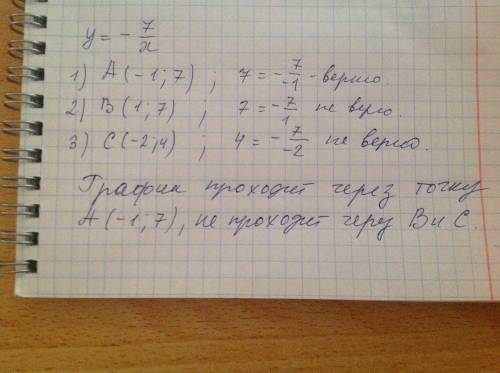 Чи проходить графік функції у= -(7/х) через точки а(-1; 7) , в(1; 7) , с(-2; 4)