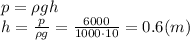 p=\rho g h&#10;\\\&#10;h= \frac{p}{\rho g}= \frac{6000}{1000\cdot10} =0.6(m)