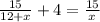 \frac{15}{12+x}+4= \frac{15}{x}