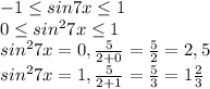 -1 \leq sin 7x \leq 1\\&#10;0 \leq sin ^{2} 7x \leq 1\\&#10;sin ^{2} 7x =0 , \frac{5}{2+0} = \frac{5}{2} =2,5\\&#10;sin ^{2} 7x =1 , \frac{5}{2+1}= \frac{5}{3} =1 \frac{2}{3}