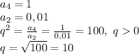 \\a_4=1&#10;\\a_2=0,01&#10;\\q^2=\frac{a_4}{a_2}=\frac{1}{0,01}=100, \ q0 &#10;\\q=\sqrt{100}=10