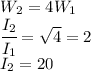 W_2=4W_1\\\cfrac{I_2}{I_1}=\sqrt4=2\\I_2=20