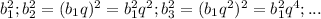 b_{1}^{2}; b_{2}^{2}=(b_{1}q)^{2}=b_{1}^{2}q^{2}; b_{3}^{2}=(b_{1}q^{2})^{2}=b_{1}^{2}q^{4}; ...