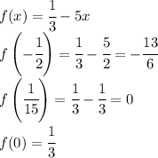 f(x)=\cfrac{1}{3}-5x\\f\left(-\cfrac{1}{2}\right)=\cfrac{1}{3}-\cfrac{5}{2}=-\cfrac{13}{6}\\f\left(\cfrac{1}{15}\right)=\cfrac{1}{3}-\cfrac{1}{3}=0\\f(0)=\cfrac{1}{3}