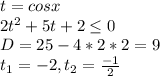 t=cosx\\2t^2+5t+2 \leq 0\\D=25-4*2*2=9\\t_1=-2,t_2=\frac{-1}{2}