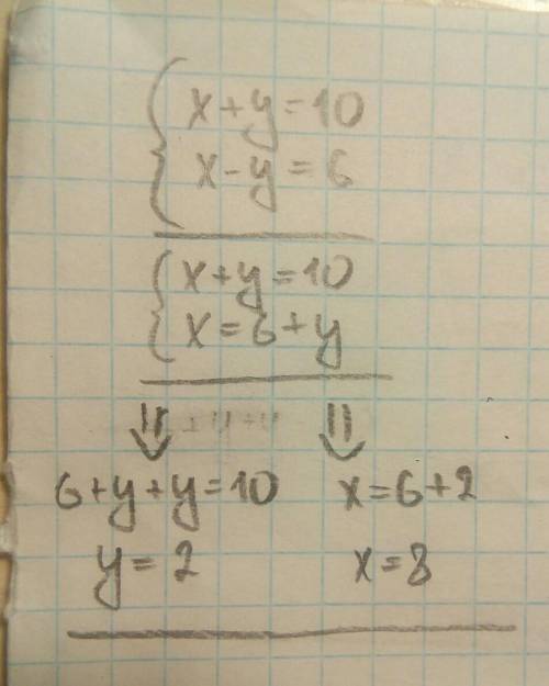 Решите систему уравнений x+y=10 x-y=6