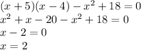 (x+5)(x-4)-x^2+18=0\\x^2+x-20-x^2+18=0\\x-2=0\\x=2