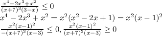 \frac{x^4-2x^3+x^2}{(x+7)^3(3-x)} \leq 0\\x^4-2x^3+x^2=x^2(x^2-2x+1)=x^2(x-1)^2\\\frac{x^2(x-1)^2}{-(x+7)^3(x-3)} \leq 0, \frac{x^2(x-1)^2}{(x+7)^3(x-3)} \geq 0