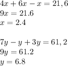 4x+6x-x=21,6&#10;\\\&#10;9x=21.6&#10;\\\&#10;x=2.4&#10;\\\\&#10;7y-y+3y=61,2&#10;\\\&#10;9y=61.2&#10;\\\&#10;y=6.8