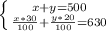 \left \{{{x+y=500} \atop { \frac{x*30}{100} }+ \frac{y*20}{100}=630 } \right.