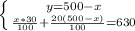 \left \{ {{y=500-x} \atop { \frac{x*30}{100} }+ \frac{20(500-x)}{100}=630} \right.