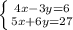 \left \{ {{4x-3y=6} \atop {5x+6y=27}} \right.