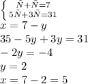 \left \{ {{х+у=7} \atop {5х+3у=31}} \right. &#10;\\\&#10;x=7-y&#10;\\\&#10;35-5y+3y=31&#10;\\\&#10;-2y=-4&#10;\\\&#10;y=2&#10;\\\&#10;x=7-2=5&#10;