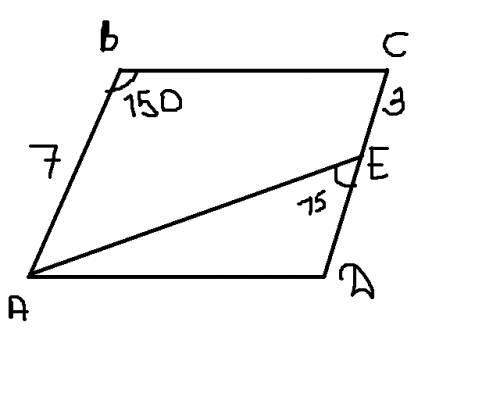 Авсd- параллелограмм ec=3 ab = 7 угол aed=15градусов угол b=150 градусов.найдиите площадьавсd