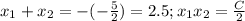 x_1+x_2=-(-\frac{5}{2})=2.5; x_1x_2=\frac{C}{2}