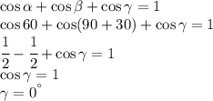 \cos\alpha+\cos\beta+\cos\gamma=1\\\cos 60+\cos (90 +30)+\cos\gamma =1\\\cfrac{1}{2}-\cfrac{1}{2}+\cos\gamma=1\\\cos\gamma=1\\\gamma=0^а