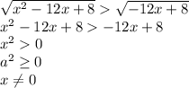 \sqrt{ x^2-12x+8} \sqrt{ -12x+8}&#10;\\\&#10;x^2-12x+8-12x+8&#10;\\\&#10;x^20&#10;\\\&#10;a^2 \geq 0&#10;\\\&#10;x \neq 0