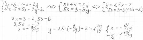 Система уравения 2x+5=1-x+2y 14x-5=9x-3y-2