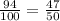 \frac{94}{100}=\frac{47}{50}