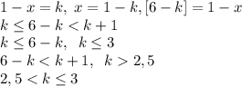 1-x=k,\; x=1-k,[6-k]=1-x\\k\leq 6-k<k+1\\\;k \leq 6-k,\;\;k \leq 3\\6-k<k+1,\;\;k2,5\\2,5<k \leq 3