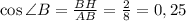 \cos \angle B=\frac{BH}{AB}=\frac{2}{8}=0,25