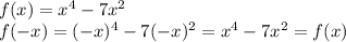 f(x)=x^4-7x^2\\f(-x)=(-x)^4-7(-x)^2=x^4-7x^2=f(x)