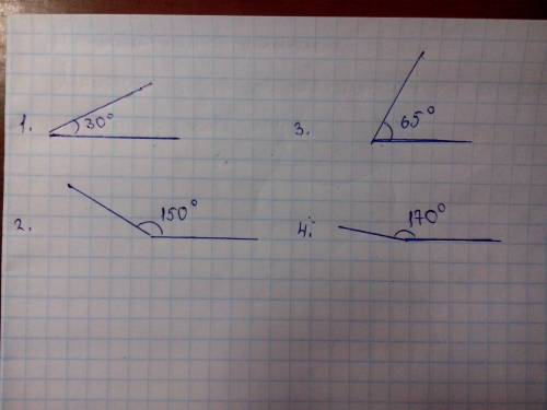 5класс тарасенкова изобразите угол,градусная мера которого ровняется: 1) 30 2) 150 3) 65 4) 170