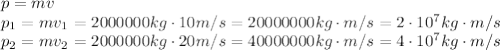 p=mv&#10;\\\&#10;p_1=mv_1=2000000kg\cdot 10m/s=20000000kg\cdot m/s=2\cdot10^7kg\cdot m/s&#10;\\\&#10;p_2=mv_2=2000000kg\cdot 20m/s=40000000kg\cdot m/s=4\cdot10^7kg\cdot m/s