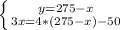 \left \{ {{ y=275-x} \atop {3x=4*(275-x)-50}} \right.