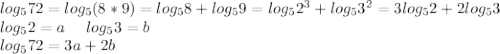 log_5 72=log_5(8*9)=log_58+log_59=log_52^3+log_53^2=3log_52+2log_53\\\&#10;log_52=a \ \ \ \ log_53=b\\\&#10;log_572=3a+2b