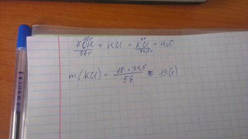 Какая масса хлорида кальция образуется при взаимодействии гидроксида калия массой 10г с соляной кисл
