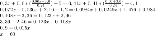 0,3x+0,6*( \frac{0,06x+3,6}{0,24} )+5=0,41x+0,41* (\frac{0,06+3,6}{0,24}) +4,1\\&#10;0,072x+0,036x+2,16+1,2=0,0984x+0,0246x+1,476+0,984\\&#10;0,108x+3,36=0,123x+2,46\\&#10;3,36-2,46=0,123x-0,108x\\&#10;0,9=0,015x\\&#10;x=60\\&#10;