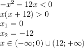 -x^2 - 12x < 0&#10;\\\&#10;x(x+12)0&#10;\\\&#10;x_1=0&#10;\\\&#10;x_2=-12&#10;\\\&#10;x\in (-\infty; 0)\cup(12; +\infty)