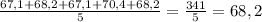 \frac{67,1+68,2+67,1+70,4+68,2}{5} = \frac{341}{5} =68,2