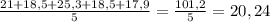 \frac{21+ 18,5+25,3+18,5+17,9}{5}= \frac{101,2}{5} =20,24