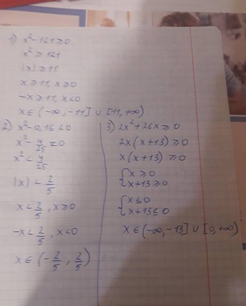 1) x^{2} -121\geq 0\\2) x^{2} -0.16\ \textless \ 0\\3)2x^{2} +26x\geq 0