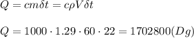 Q=cm\delta t=c\rho V\delta t&#10;\\\\&#10;Q=1000\cdot1.29\cdot60\cdot22=1702800(Dg)