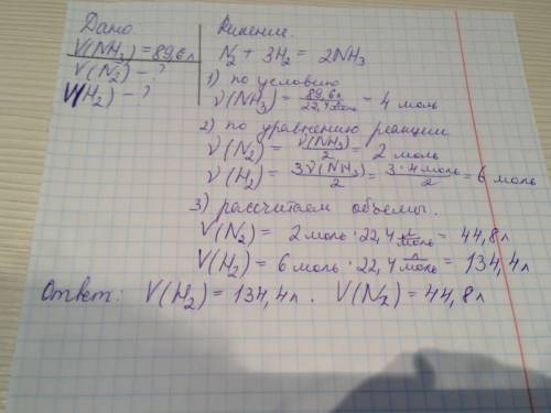 Какой объем водорода и азота потребуется для получения 89,6 литров аммиака?