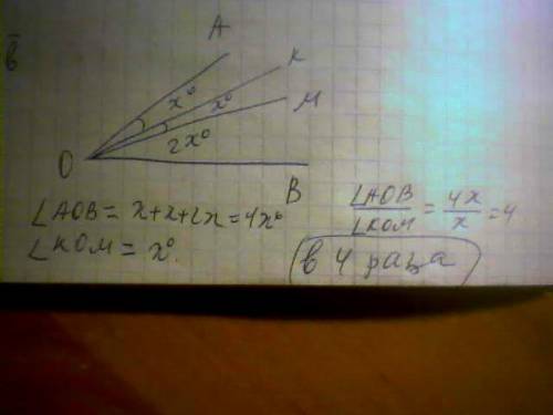 Om-луч,делящий угол aob пополам,ok-луч,делящий угол aom пополам.во сколько раз угол kom меньше угла
