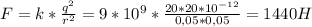 F = k* \frac{ q^{2} }{ r^{2} } = 9* 10^{9} * \frac{20*20* 10^{-12} }{0,05*0,05} =1440H