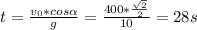 t = \frac{v_{0}*cos \alpha }{g} = \frac{400* \frac{ \sqrt{2} }{2} }{10} = 28 s