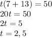 t(7+13)=50 \\&#10;20t=50 \\&#10;2t=5 \\&#10;t=2,5