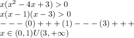 x(x^2-4x+3)0\\x(x-1)(x-3)0\\- - -(0)+ + + (1)- - - (3)+ + +\\x\in (0,1)U(3,+\infty)