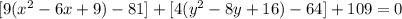 [9( x^{2} -6x+9)-81]+[4( y^{2}-8y+16)-64 ]+109=0