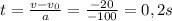 t = \frac{v-v_{0}}{a} = \frac{-20}{-100} =0,2s